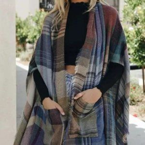 Cozy Ruana Poncho Wrap with Pockets Plaid